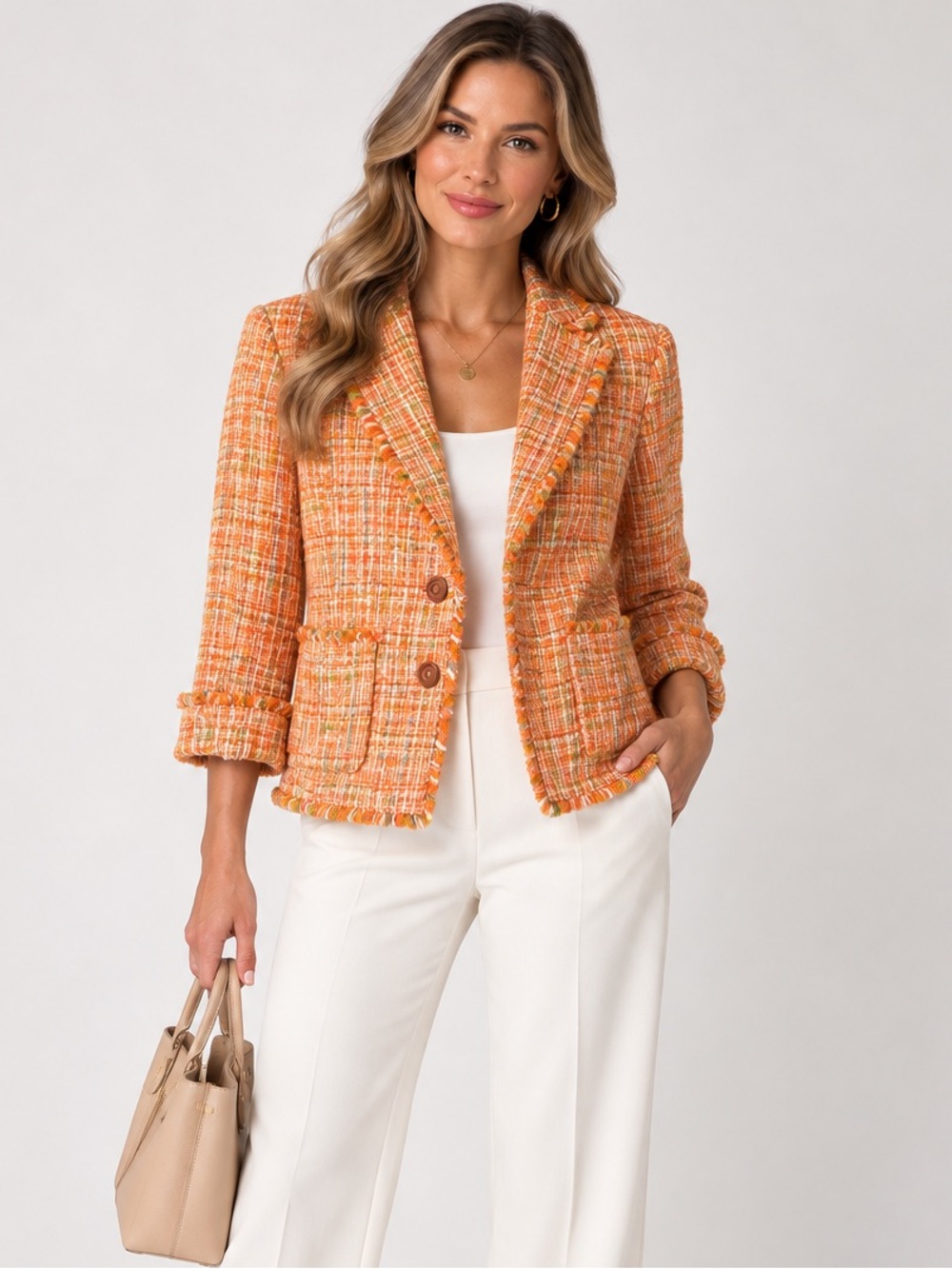 Jones New York Cotton Blend Orange Confetti Tweed Blazer Size 4